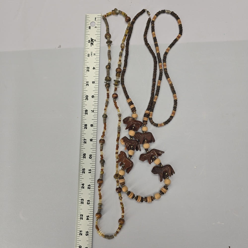 Hand Carved Wood Lion Bead Layered Necklace Brown Tan Earthy Boho Safari Style - Picture 5 of 5